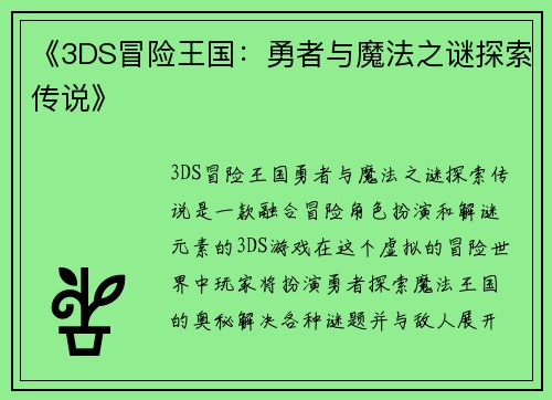 《3DS冒险王国：勇者与魔法之谜探索传说》