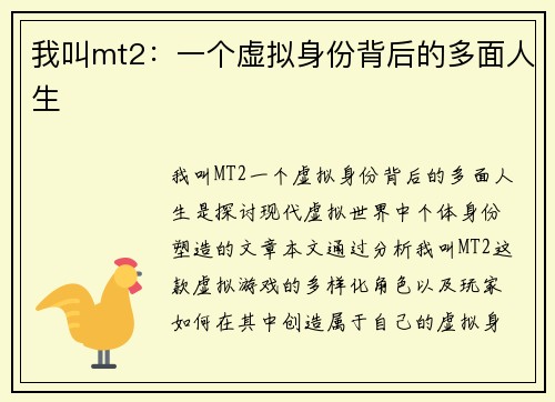 我叫mt2:一个虚拟身份背后的多面人生 我叫mt2:一个虚拟身份背后的多面人生